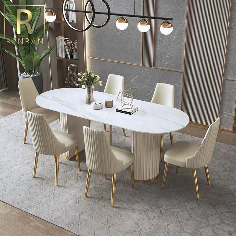 Nordic modern style home design light luxury tables leather stainless steel base with white marble top 6 seater dining table