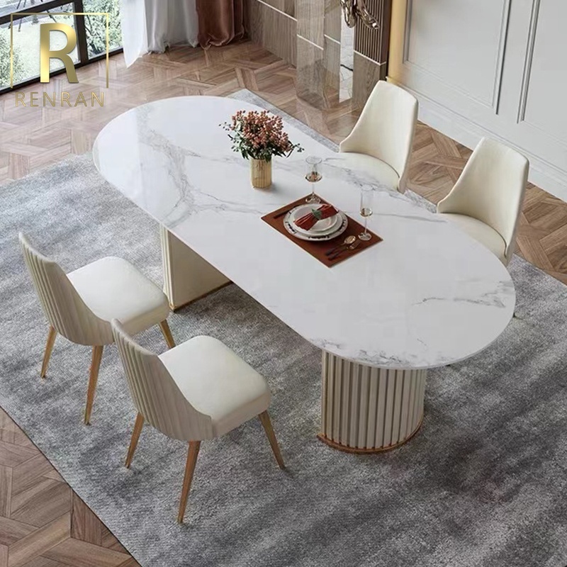 Nordic modern style home design light luxury tables leather stainless steel base with white marble top 6 seater dining table