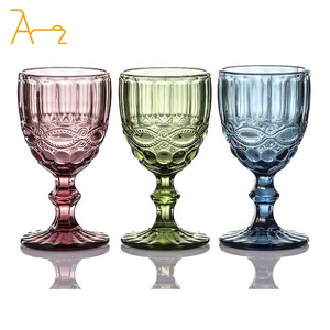 Wedding Events Decoration Colored Glassware Red Wine Cup Vintage Embossed Amber Green Blue Black Goblets