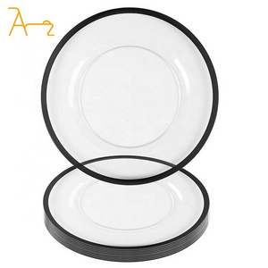 Custom round clear black rim plastic plates disposable party dinner food 6 7 9 10.25 inch pp / ps parties dishes