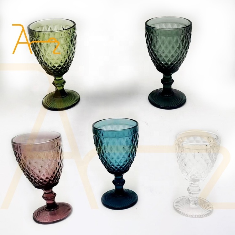 Wholesale Colorful Smoke Green Wine Glasses Wedding Party Colored Diamond Design Glass Goblets Vintage Glassware