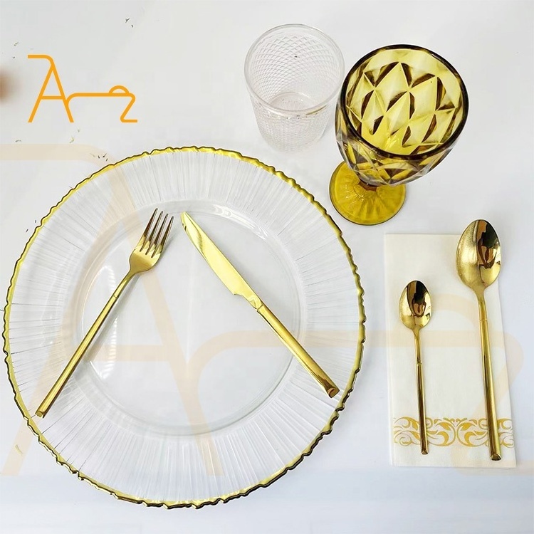 High quality simple elegant 13 inch gold rim glass charger plate wedding decoration tableware sets clear dinner plates