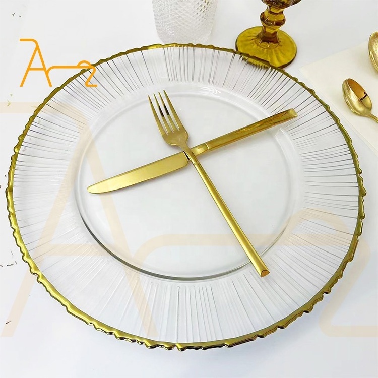 High quality simple elegant 13 inch gold rim glass charger plate wedding decoration tableware sets clear dinner plates