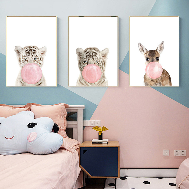 Pink Bubble Elephant Giraffe Poster Print Animal Nursery Wall Art Canvas Painting Child Picture Nordic Kids Baby Room Decoration