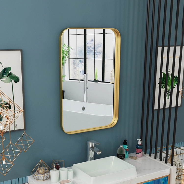 Modern Contemporary Wall Mirror Brushed Glass Panel with Silver Aluminum Alloy Framed Rounded Corner Deep Set Bathroom Decor