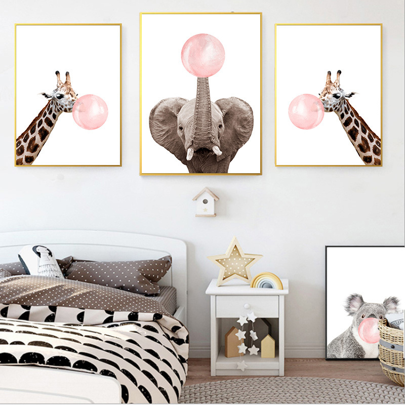 Pink Bubble Elephant Giraffe Poster Print Animal Nursery Wall Art Canvas Painting Child Picture Nordic Kids Baby Room Decoration