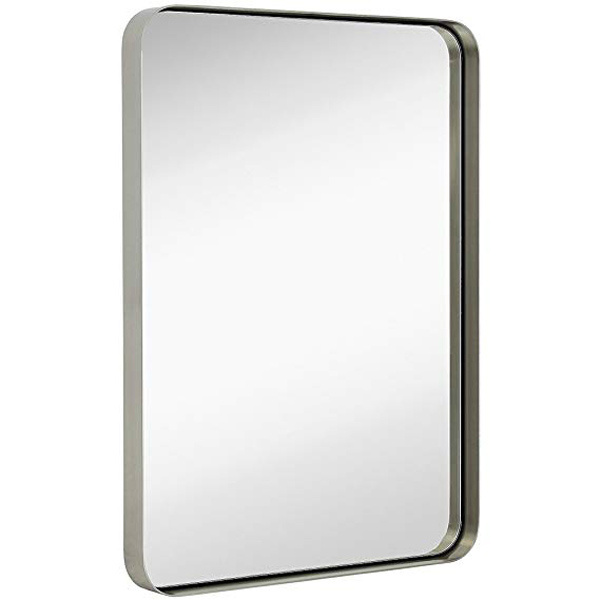 Modern Contemporary Wall Mirror Brushed Glass Panel with Silver Aluminum Alloy Framed Rounded Corner Deep Set Bathroom Decor