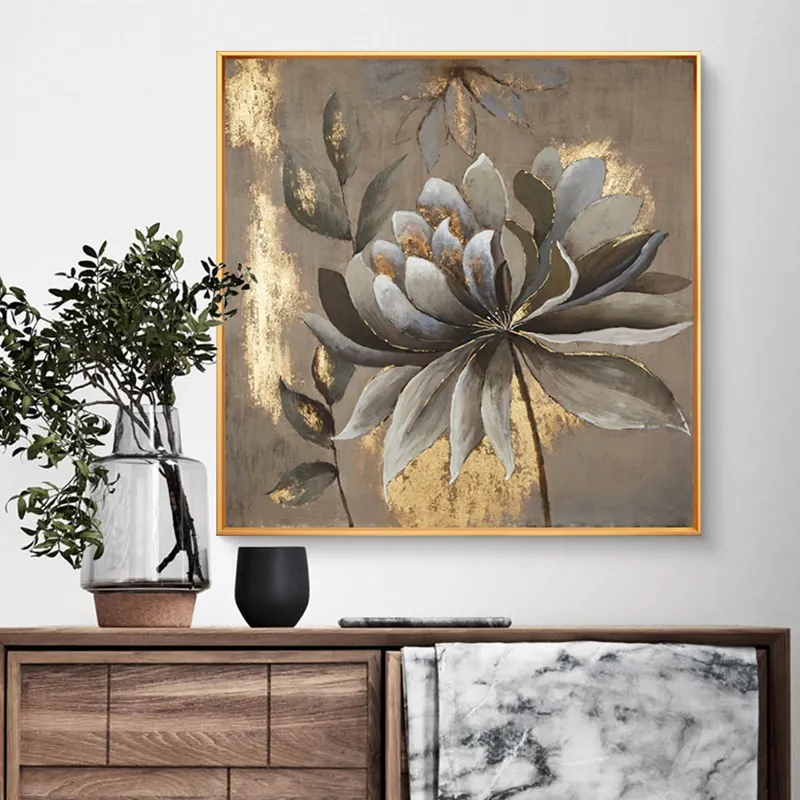 Flower Oil Painting on Canvas Decorative Classic Flower Wall Painting Golden Wholesale Custom Design Hand Painted Abstract