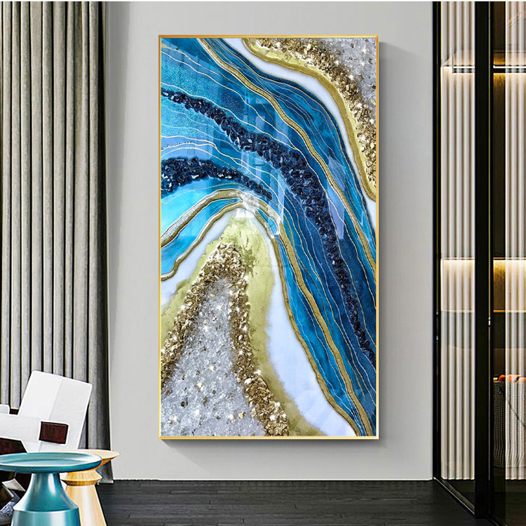 Hotel Porch Decoration Frames Crystal Porcelain Painting Custom Wall Glass Luxury Abstract Picture Art Canvas Printed Golden