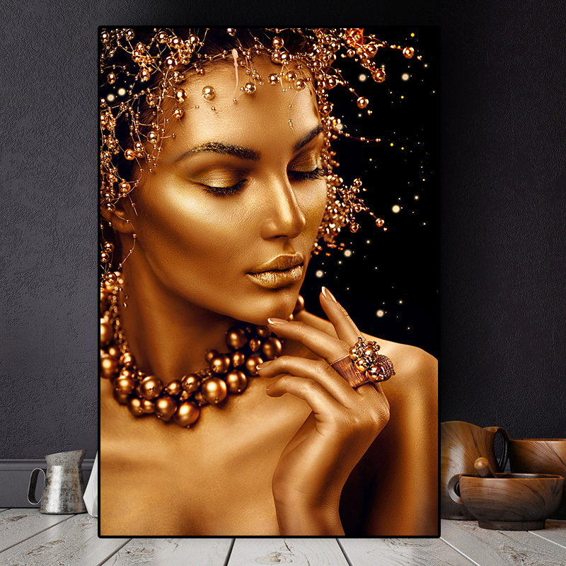 Woman Oil Painting on Canvas Cuadros Posters and Prints Wall Art Picture Customised Plastic Sexy Nude African Art Black and Gold