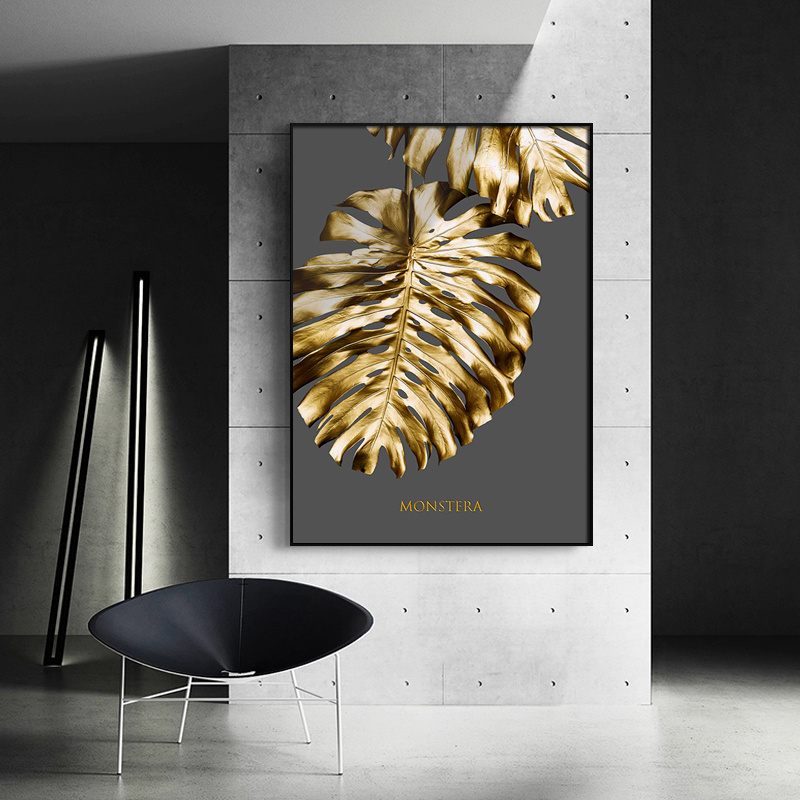 Feathers Poster Wall Picture for Living Room Decor Canvas Painting Print Golden Modern Abstract Leaf Flower Wall Art Black White