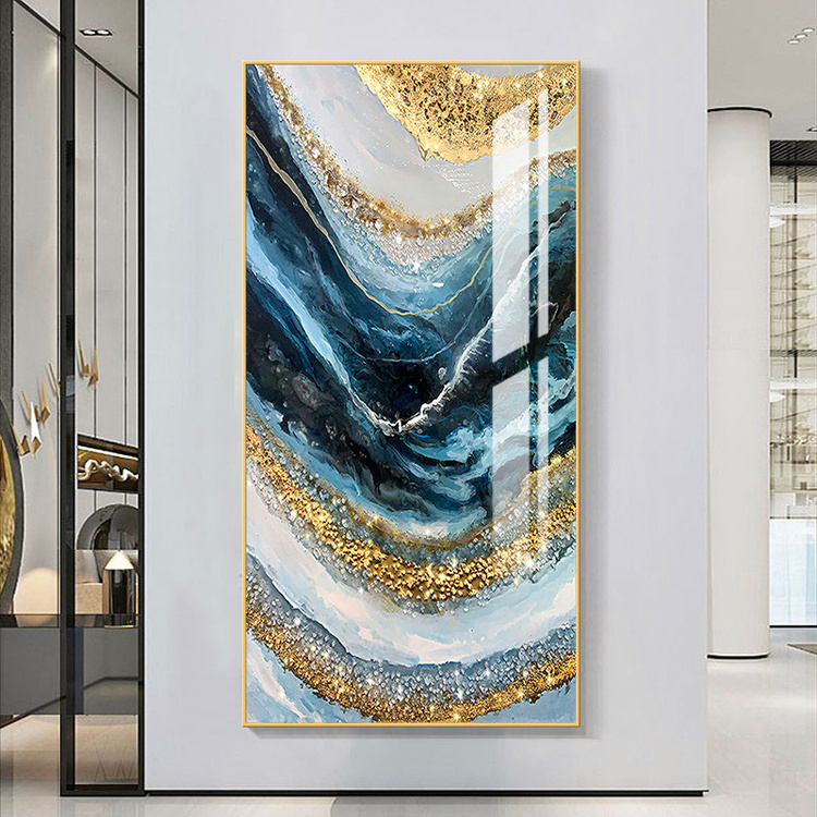 Hotel Porch Decoration Frames Crystal Porcelain Painting Custom Wall Glass Luxury Abstract Picture Art Canvas Printed Golden