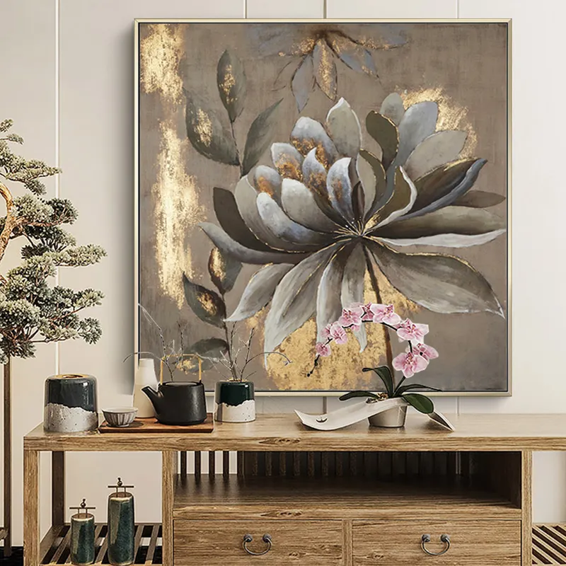 Flower Oil Painting on Canvas Decorative Classic Flower Wall Painting Golden Wholesale Custom Design Hand Painted Abstract