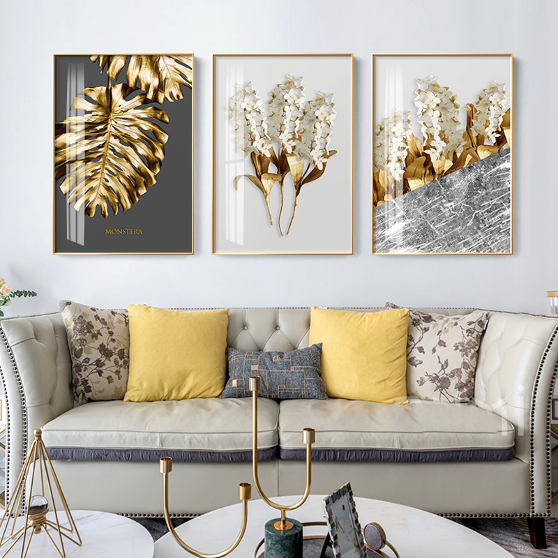 Feathers Poster Wall Picture for Living Room Decor Canvas Painting Print Golden Modern Abstract Leaf Flower Wall Art Black White