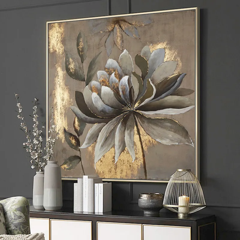 Flower Oil Painting on Canvas Decorative Classic Flower Wall Painting Golden Wholesale Custom Design Hand Painted Abstract