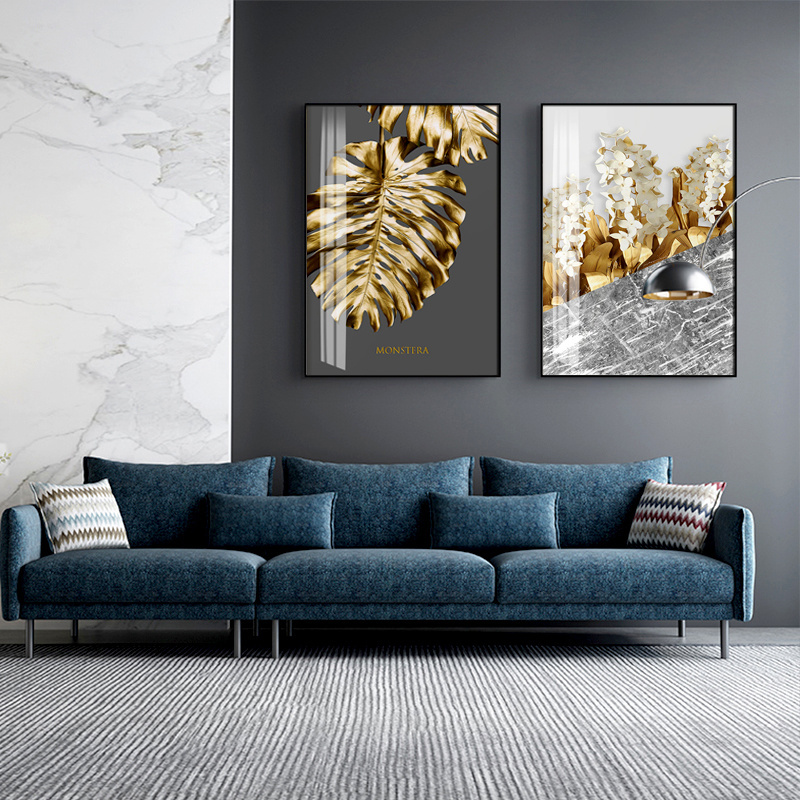 Feathers Poster Wall Picture for Living Room Decor Canvas Painting Print Golden Modern Abstract Leaf Flower Wall Art Black White