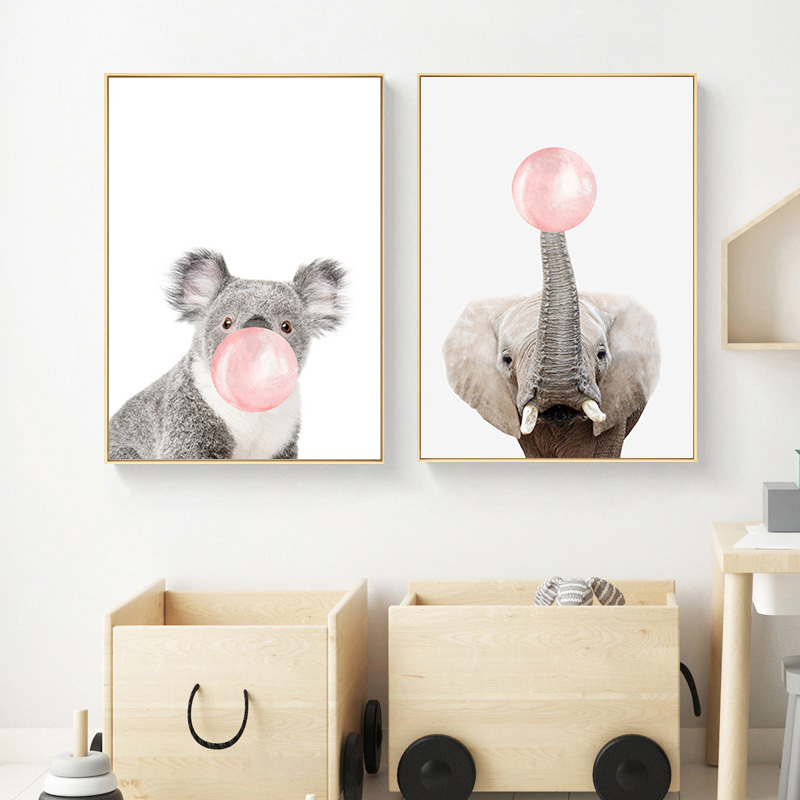 Pink Bubble Elephant Giraffe Poster Print Animal Nursery Wall Art Canvas Painting Child Picture Nordic Kids Baby Room Decoration