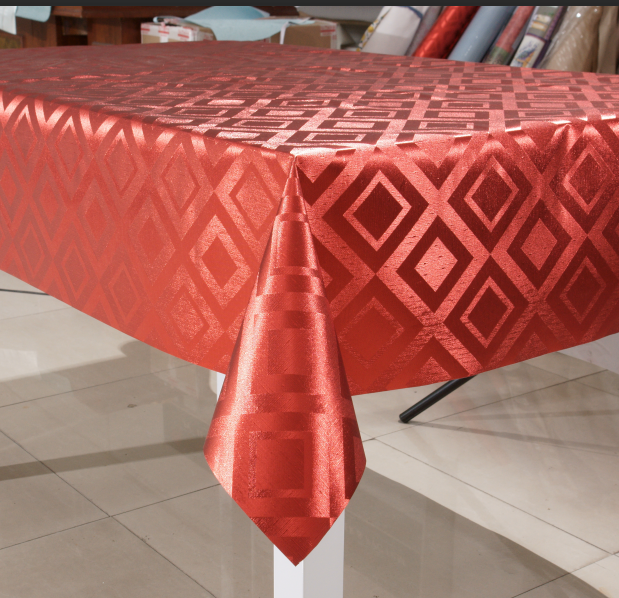 Red Stamp Gold Sliver  Embossed  Rectangle Square Diamond Design PVC Vinyl Table Cloth Cover