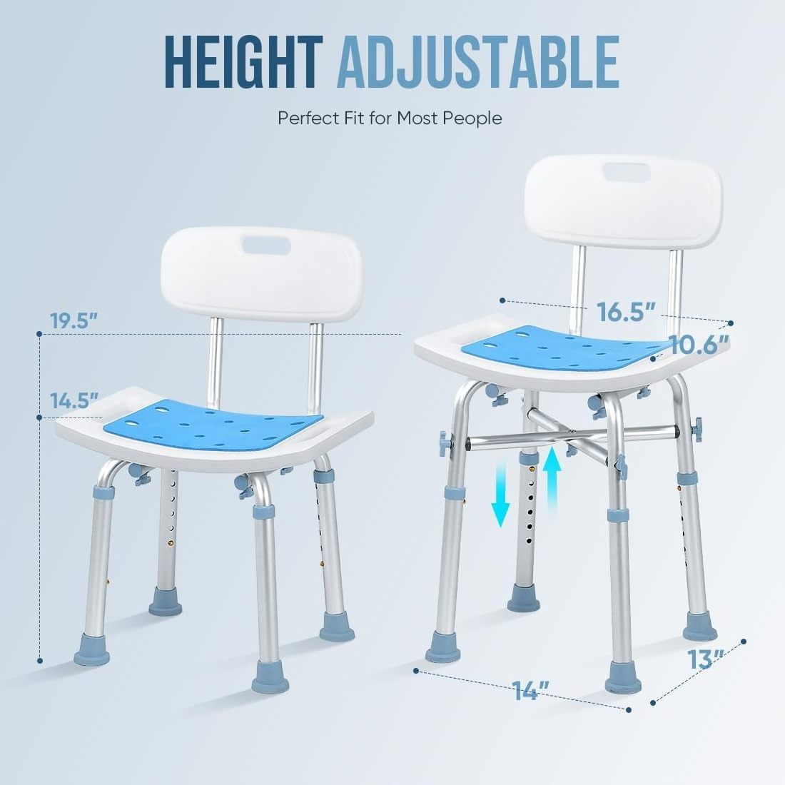 Heavy Duty 500lb Capacity Height Adjustable Anti-Slip Medical Tool Free Shower Chair Back EVA Padded Bathroom Safety Equipment