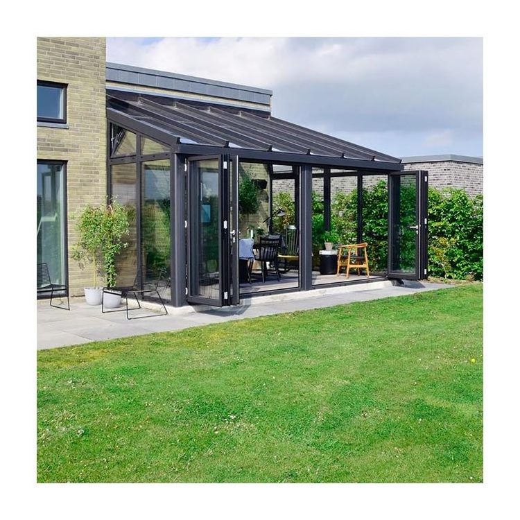 Contemporary winter rooftop garden free standing curved glass sunroom with windows door