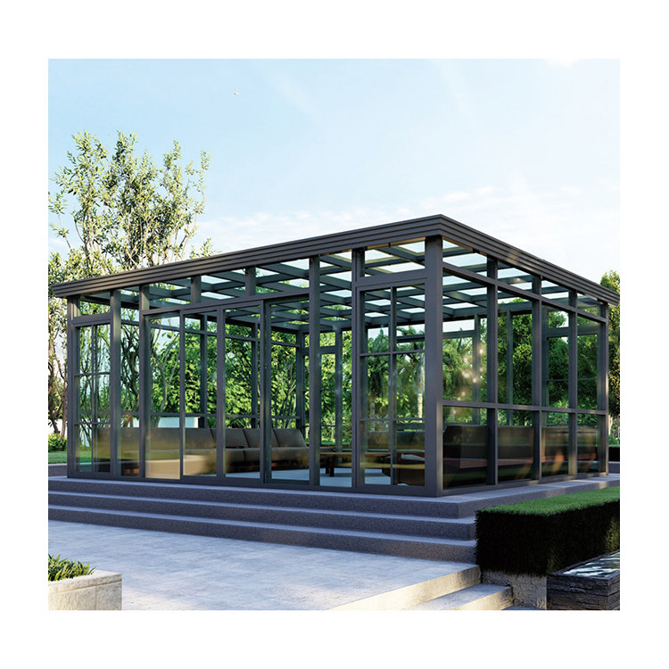 Contemporary winter rooftop garden free standing curved glass sunroom with windows door