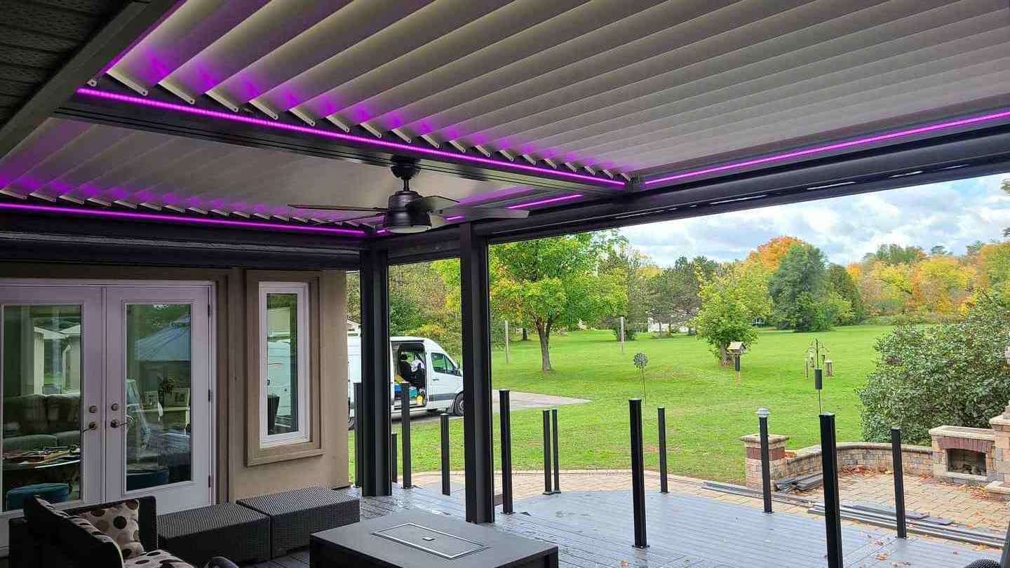 Modern aluminum retractable backyard patio awning automatic motorized louver outdoor pergola with wall cover