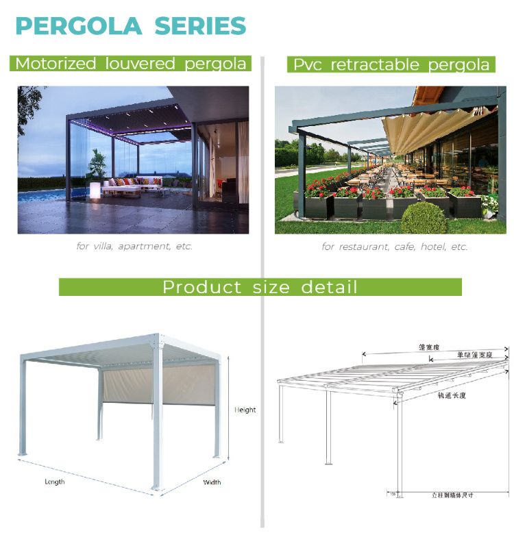 China supplier high quality aluminium remote control motorized retractable waterproof roof pergola with louvered canopy