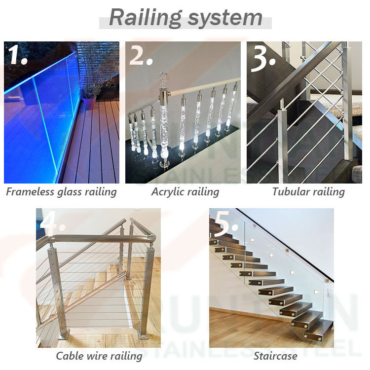 Silver black gold stainless steel 304 316 square post stairs glass railing balustrade for indoor