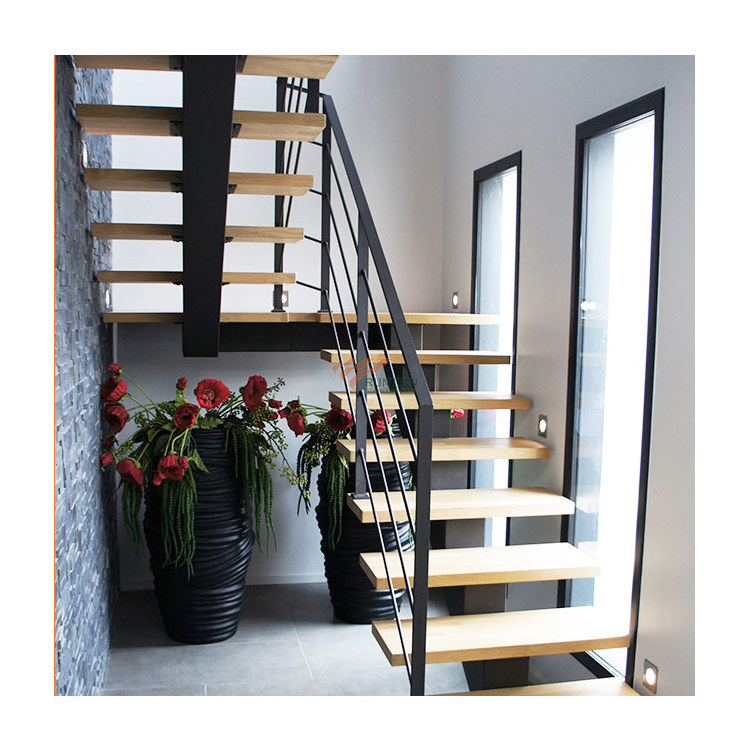 Commercial residential internal iron stair dual beam design oak pine wooden glass tread white metal staircase