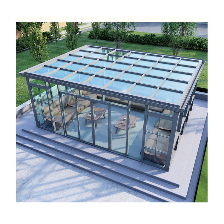 Contemporary winter rooftop garden free standing curved glass sunroom with windows door