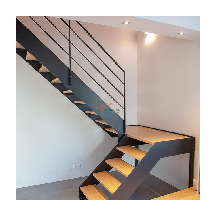 Commercial residential internal iron stair dual beam design oak pine wooden glass tread white metal staircase