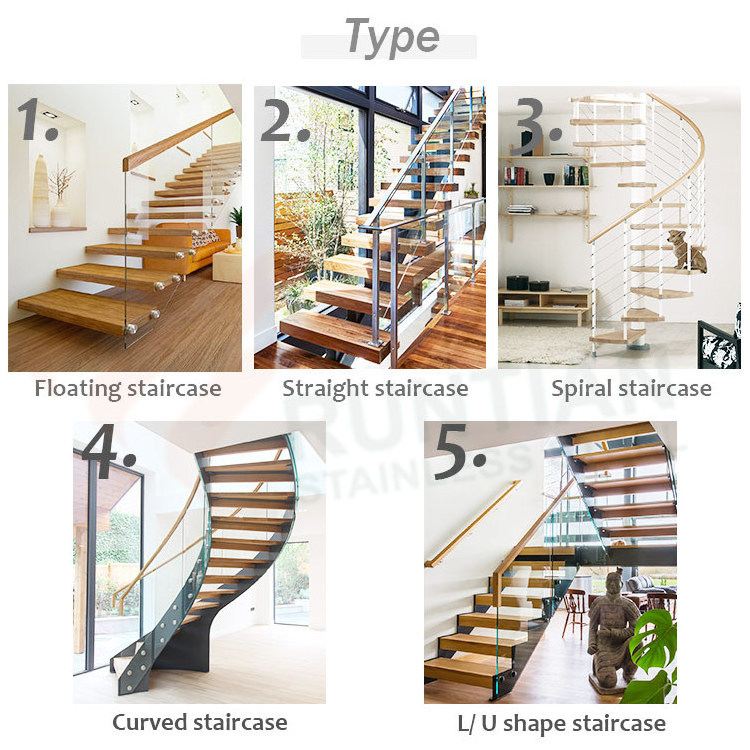 Commercial residential internal iron stair dual beam design oak pine wooden glass tread white metal staircase