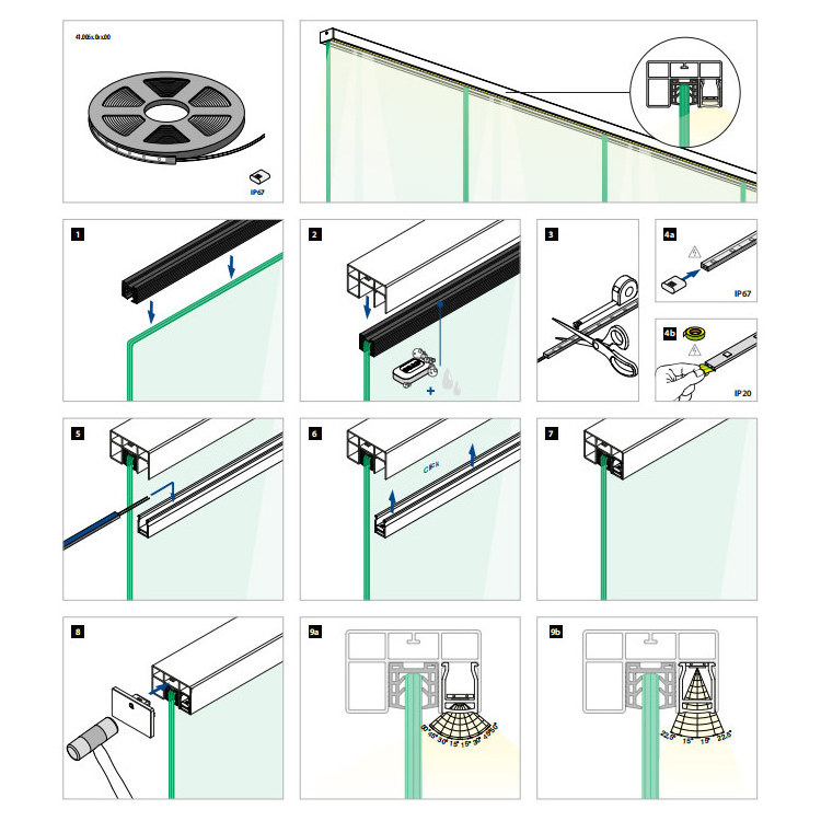 Balcony frameless stair square tube pipe handrail bracket glass railing with led light