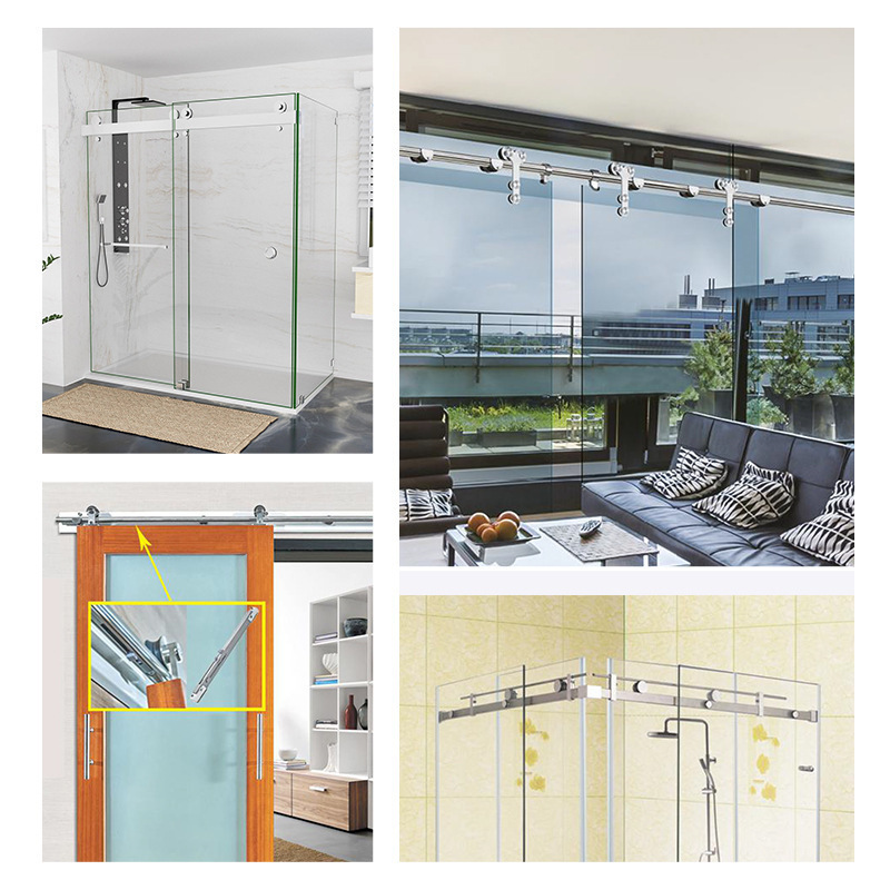 Modern interior french double concealed frameless glass sliding barn door shower cabinet stainless steel hardware kit