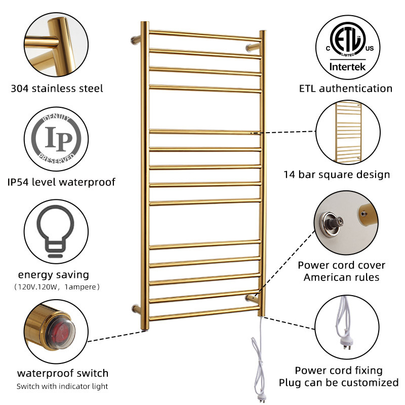 Golden Luxury Bathroom Stainless Steel Towel Warmer Electric Heated Towel Rail Wall Mounted Bathroom Towel Racks