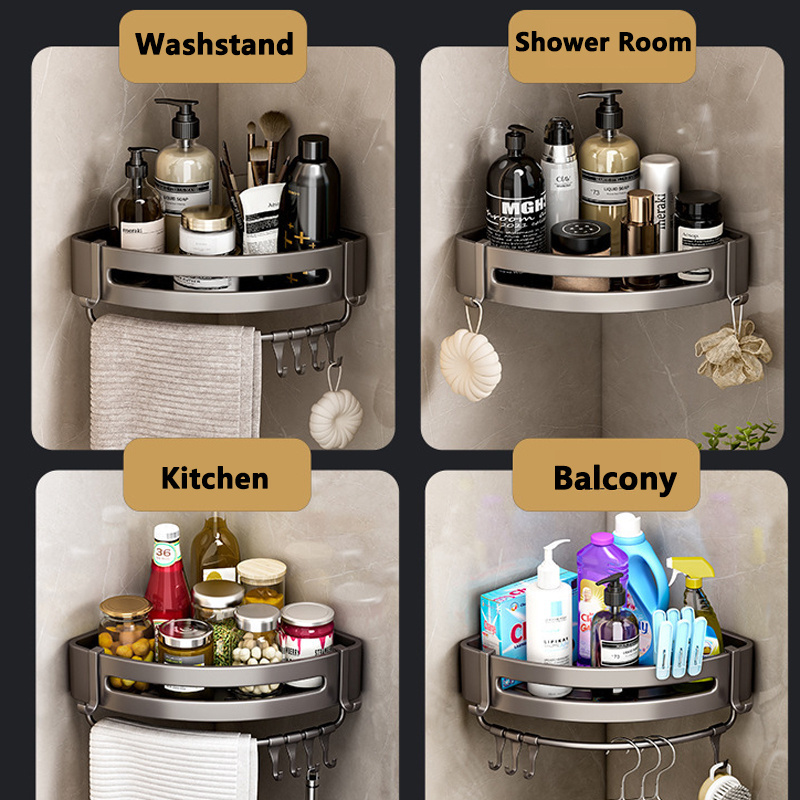 Luxury Hotel  Black Bathroom Corner Hanging  Self Adhesive Wall Mounted Stlee Stainless Waterproof  Shower Caddy Shelf