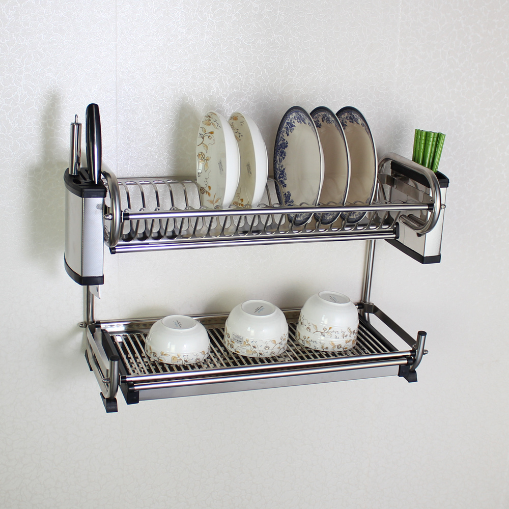 Latest products wall mounted type kitchen stainless steel 2 tier dish rack storage racks