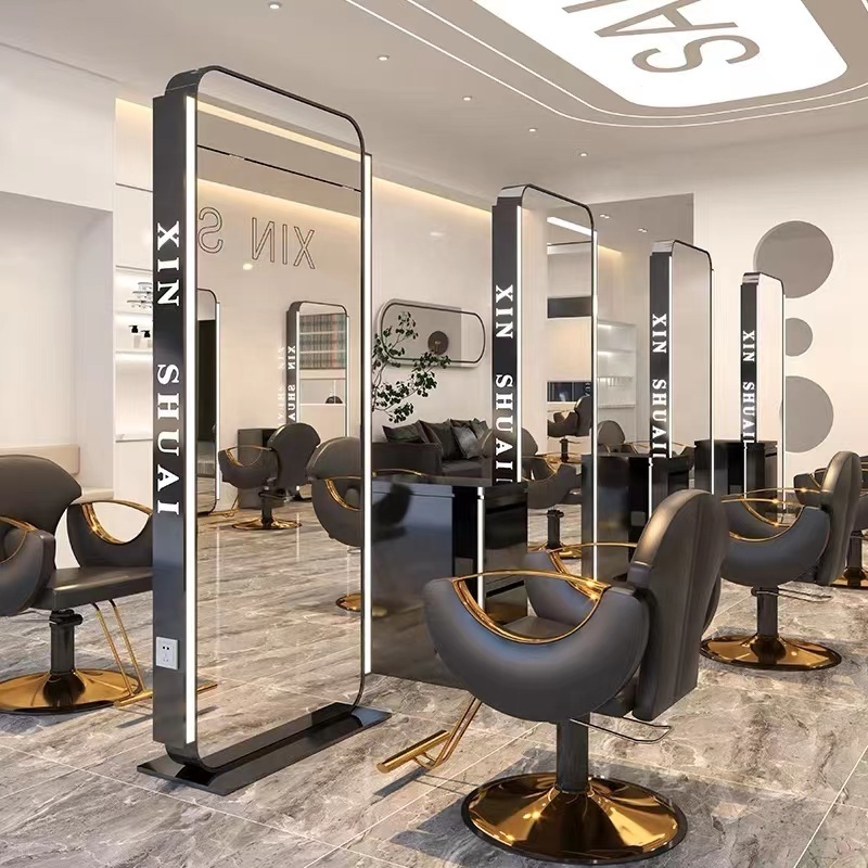 Floor LED Luxury Light LED Mirror Cabinet Hair Beauty Salon Furniture Barber Station barber chairs double side mirror Station