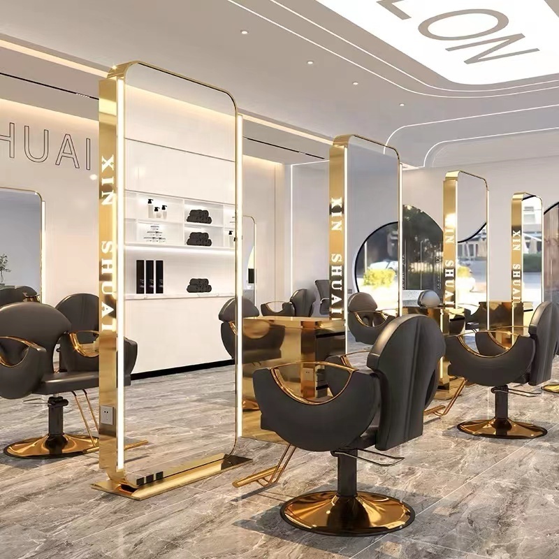 Floor LED Luxury Light LED Mirror Cabinet Hair Beauty Salon Furniture Barber Station barber chairs double side mirror Station