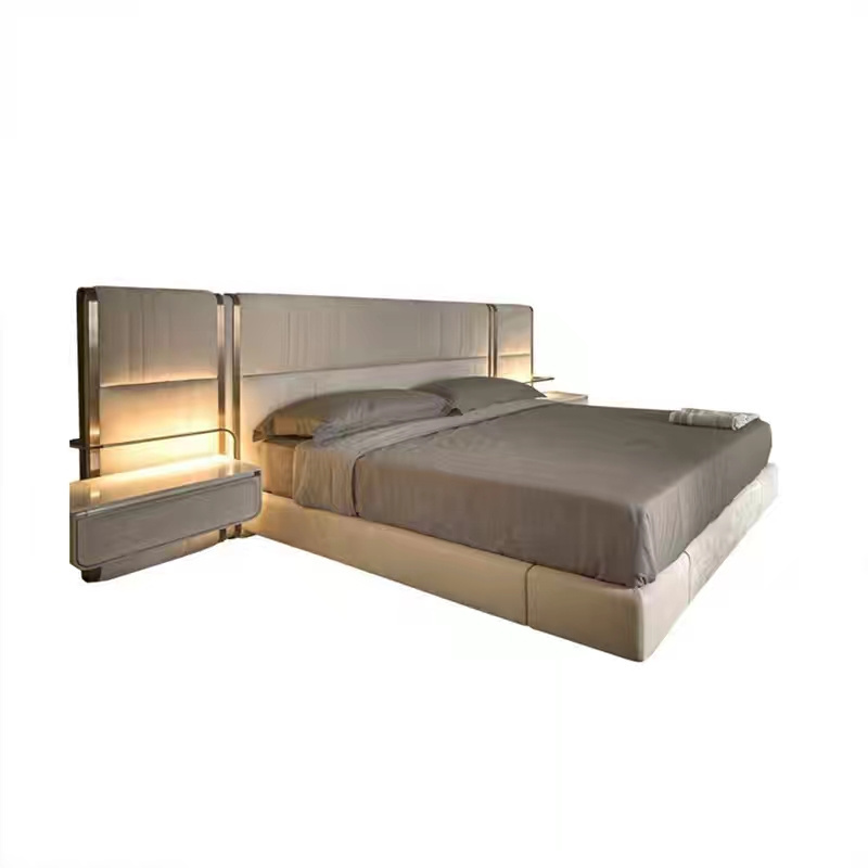 Luxury Italian Bedroom Furniture Stainless Steel Bed Set Top Grain Leather Modern Luxury King Size Bed Frame