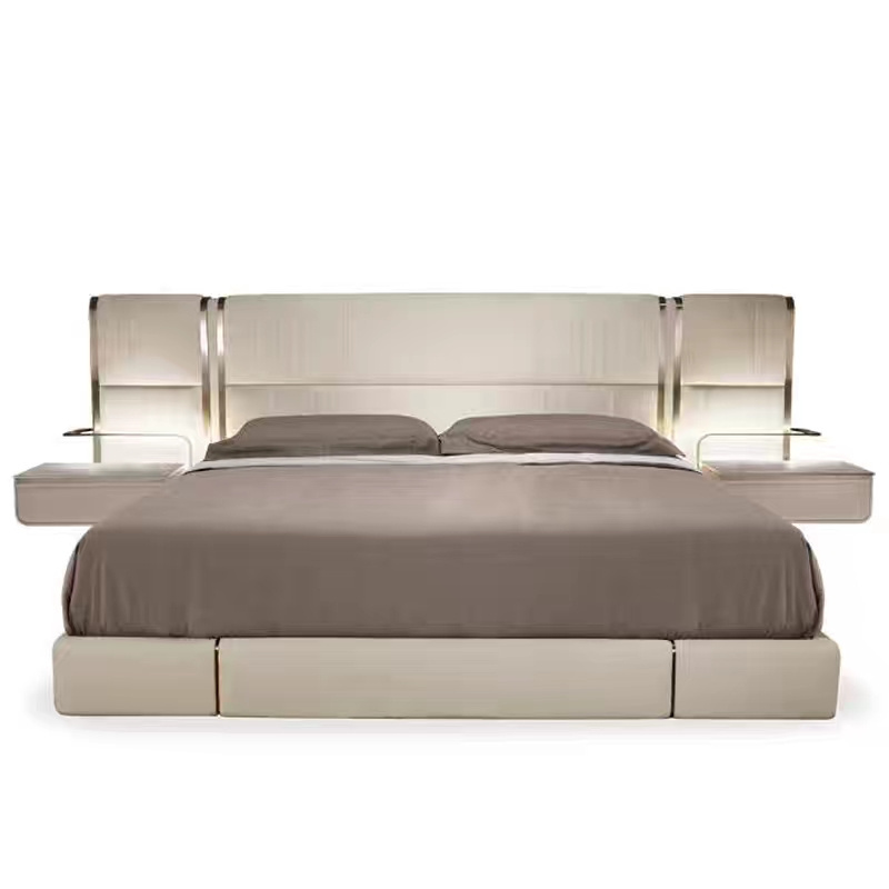 Luxury Italian Bedroom Furniture Stainless Steel Bed Set Top Grain Leather Modern Luxury King Size Bed Frame