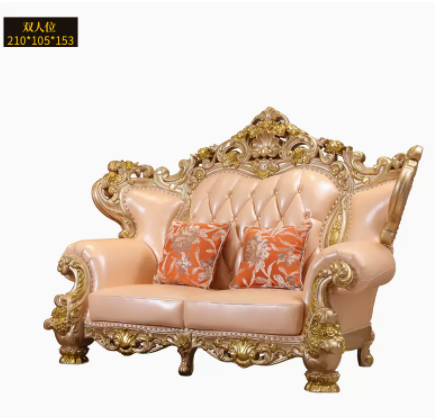 Luxury French classic european baroque style high quality wood hand carved pure leather gold sofa