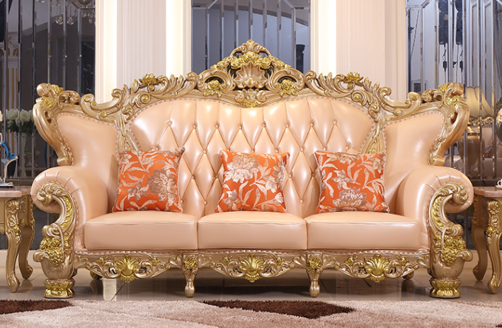 Luxury French classic european baroque style high quality wood hand carved pure leather gold sofa