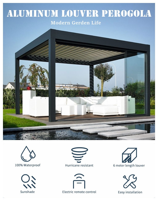 Modern Bioclimatic Pergola Aluminum Gazebo retractable roof pergola system Outdoor Waterproof Pergola Aluminum With Blinds