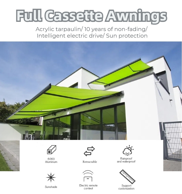 Outdoor Retractable House Awning Roof Full Cassette Awning Motorised Folding Arm Awning