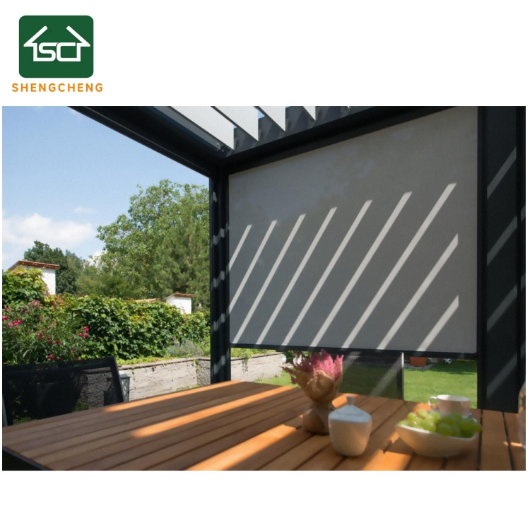 Retractable Solar Privacy Screen Windproof Outdoor Metal PVC Blinds with Remote Control Zip Model and Sun Pattern