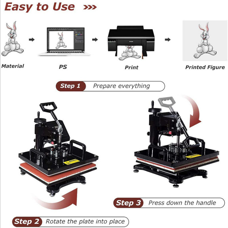 Digital 5 in 1 Swing Away T-shirt Hat Plate Mug Printing Heat Press Machine