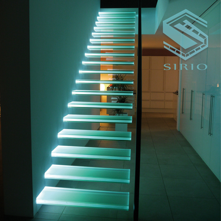 Modern Design Tempered Glass floating stairs with glass treads and  LED lights Cool staircase