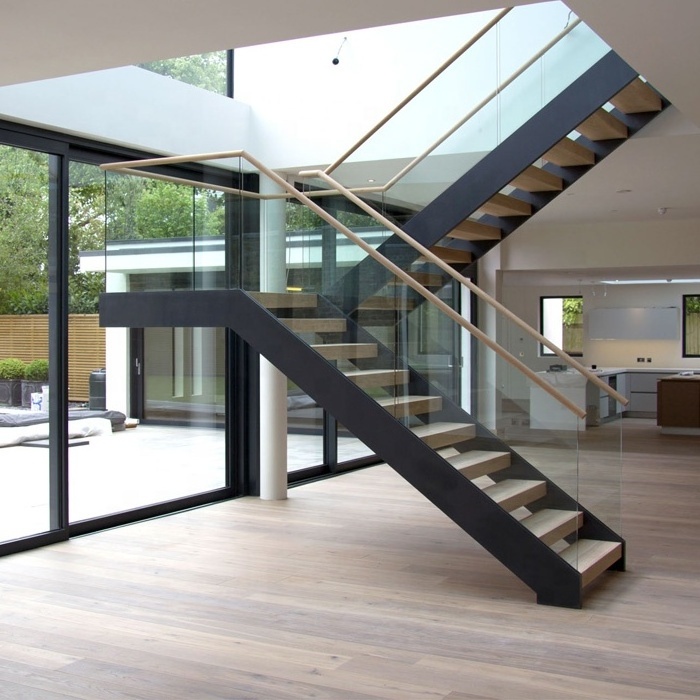 Modern style  Oak wood carbon steel  staircase  with double stringers  stairs oak wood treads and glass railings