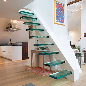 Modern Design Tempered Glass floating stairs with glass treads and  LED lights Cool staircase